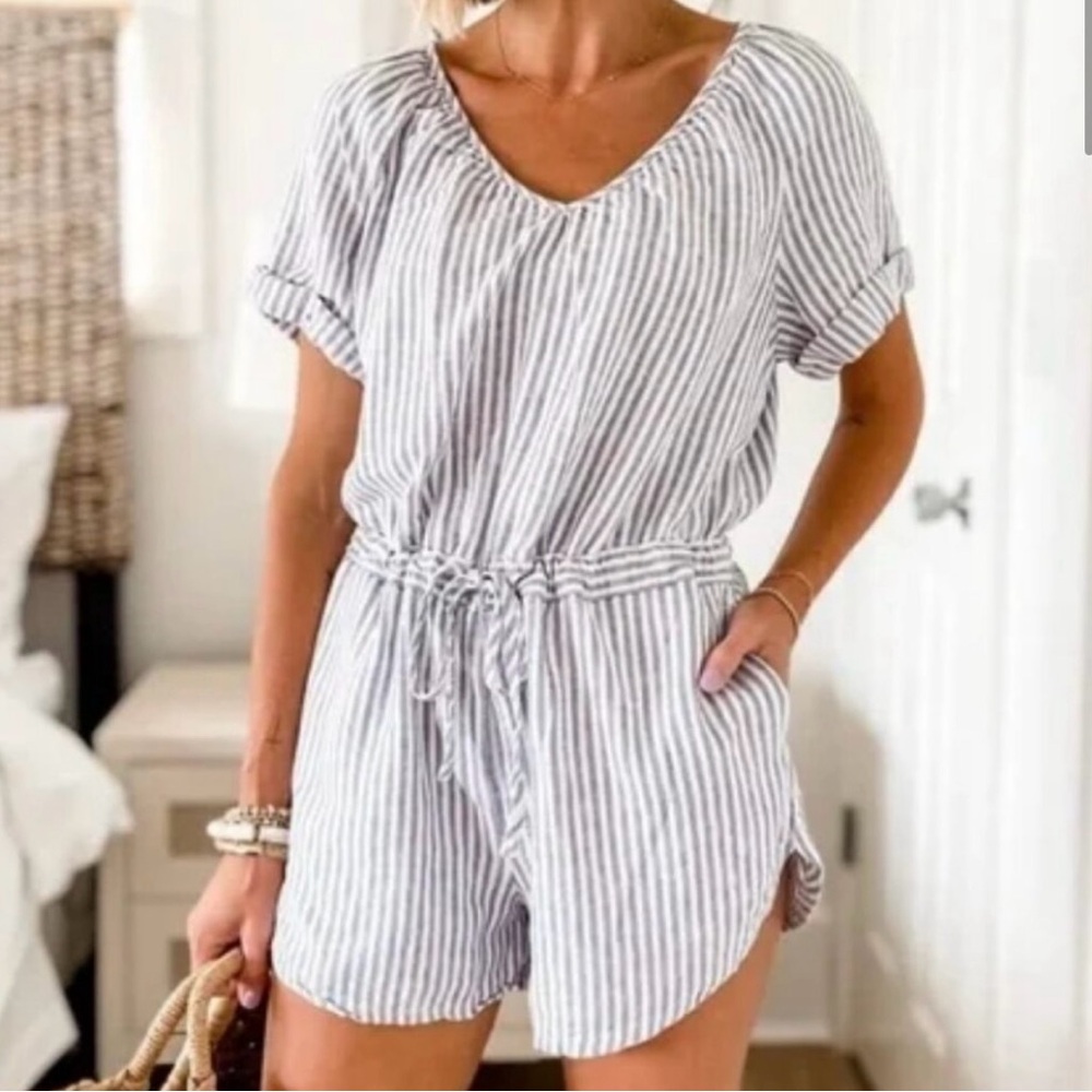 Blue and white pinstripe romper.